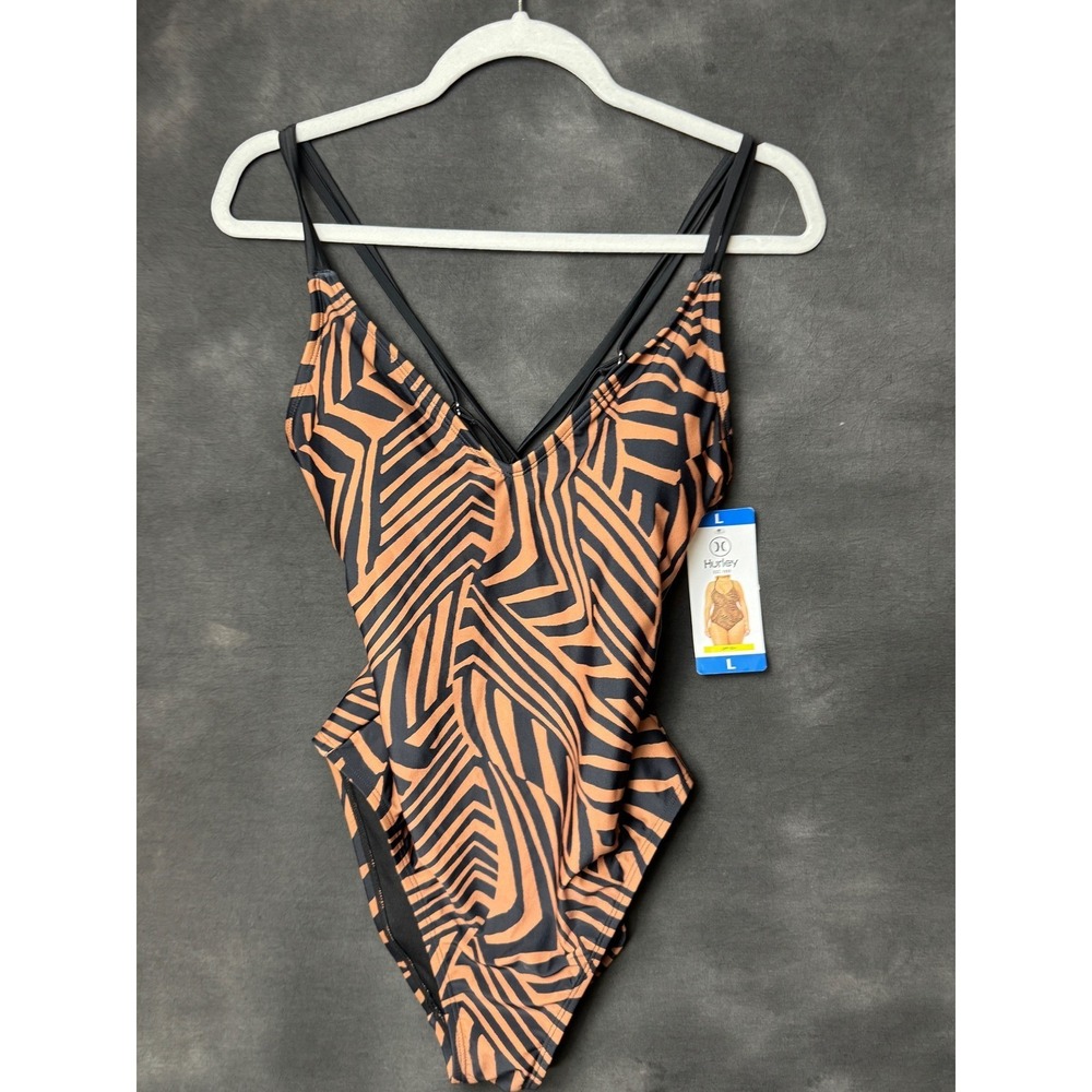 Hurley One Piece Swimsuit Large Brown Zebra Animal Print UPF 50+ NWT New Strappy